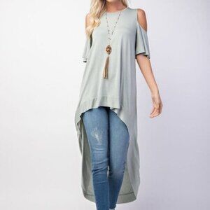 Rae Mode Hi Low Cold Shoulder Top Moss Green Viscose Modal Buttery Soft 2X Plus